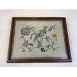 An oak metamorphic needlework fire screen or tray table with embroidered floral garden and