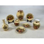 A collection of Aynsley Orchard Gold ceramics including two fluted saucers 13cm, two vases - tallest