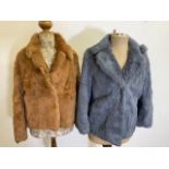 Two coney fur jackets in tan and grey from the 1960s. Both size 14 and in good used condition