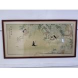 A large oriental painting on material of swallows and a blossom trees.W:125cm x H:65cm