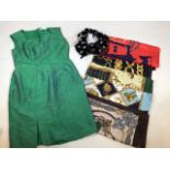 An emerald green silk dress size 14 together with a faux fur collar, a silk square and other scarves
