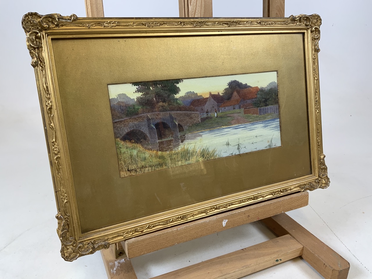 Original watercolour of a quiet riverside scene by George Oyston (1860 - 1937). Gilt frame. Signed