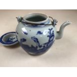 An 18th-19th century Chinese Cobalt Blue porcelain teapot with wire handle. W:17cm x D:13cm x H: