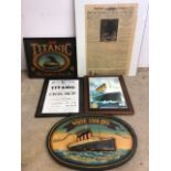 Titanic memorabilia, wooden signs,reproduction newspaper etc. Square sign W:50cm x H:40cm