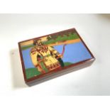 Hand-painted Russian jewellery box, decorated with male figure in hunting dress. W:22.5cm x D:15cm