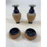 Four pieces of Doulton Lambeth jewel ware including two vases and two three legged pots H:14cm
