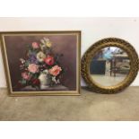 A modern circular gilt mirror and a floral print by Howard Clayton. Print size W:71cm x H:62cm