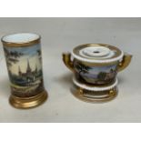 Two gilt hand printed china pieces in the Worcester style - a sensor together with a spill jarH: