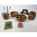 Two wooden biscuit barrels, two bowls , a clock and other items including Bacons large print map
