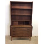 BORNHOLM MOBLER: MID-CENTURY DANISH TEAK BOOKCASE DESK, adjustable shelves above tambour cupboard