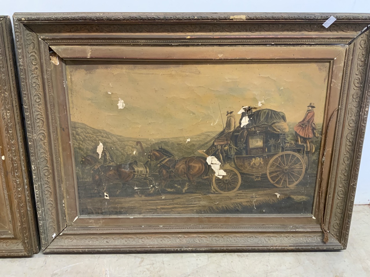 Two antique picture frames for restoration with coaching prints (a.f) W:83cm x H:62cm - Image 3 of 5
