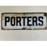 A black and white enamel PORTERS hotel sign. W:31cm x H:12cm