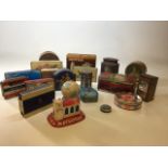 A collection of vintage tins and collection boxes including Huntley and Palmer cocktail biscuits,