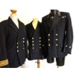 Naval dress jacket with gold wire insignia badges to lapels together with a naval officer jacket and
