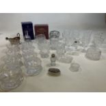 A silver topped dressing table dish, a silver topped pepperette and a collection of glassware to