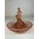 Art Deco 1930â€™s Floten spieler peach glass with frog on water Lilly bowl centre piece. Walther and