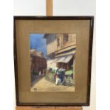 A continental watercolour of a market scene, signed CH, 1918. Framed and glazed W:20cm x H:26cm