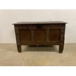 A 19th century small carved oak coffer. W:114cm x D:55cm x H:70cm