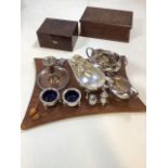 A quantity of silver plated items together with a carved wooden box, a jewellery box and a mouse