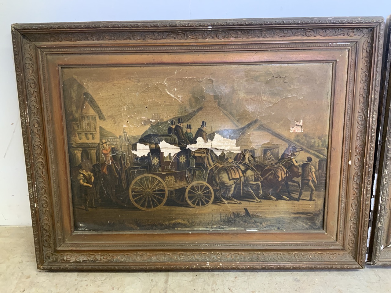 Two antique picture frames for restoration with coaching prints (a.f) W:83cm x H:62cm - Image 2 of 5