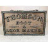 A wooden boot markers sign with metal lettering. Thomson boots and shoe maker. W:37cm x H:22cm