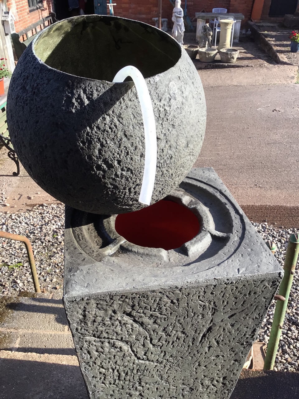 A resin sphere on plinth two piece water feature. Small crack to base of sphere. W:40cm x D:40cm x - Image 3 of 4