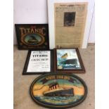 Titanic memorabilia, wooden signs,reproduction newspaper etc. Square sign W:50cm x H:40cm