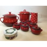 A Le Creuset Earthernware soup tureen together with covered Denby mini tureens, a Swan stockpot, a