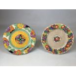 Two Art Deco hand painted Maling plates in Gloria design (29cm) and fruit design (28cm) Some paint