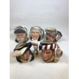 A collection of Royal Doulton character jugs: Scaramouche, Don Quixote, the Falconer, the Lawyer and