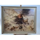 A framed canvas print of a military scene by Terence Cuneo with a printed signature dated March 1968