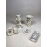 WH Kerr and co Parian ware seated donkey together with a Belleek owl and other items H:21cm Height