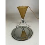 A 1930s lamp with opaque glass also with an early 20th century circular miror. Lamp H:28cm. Mirror