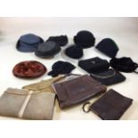 A collection of vintage hats and handbags including a riding hat, a Debenham & Freebidy crepe hat. A