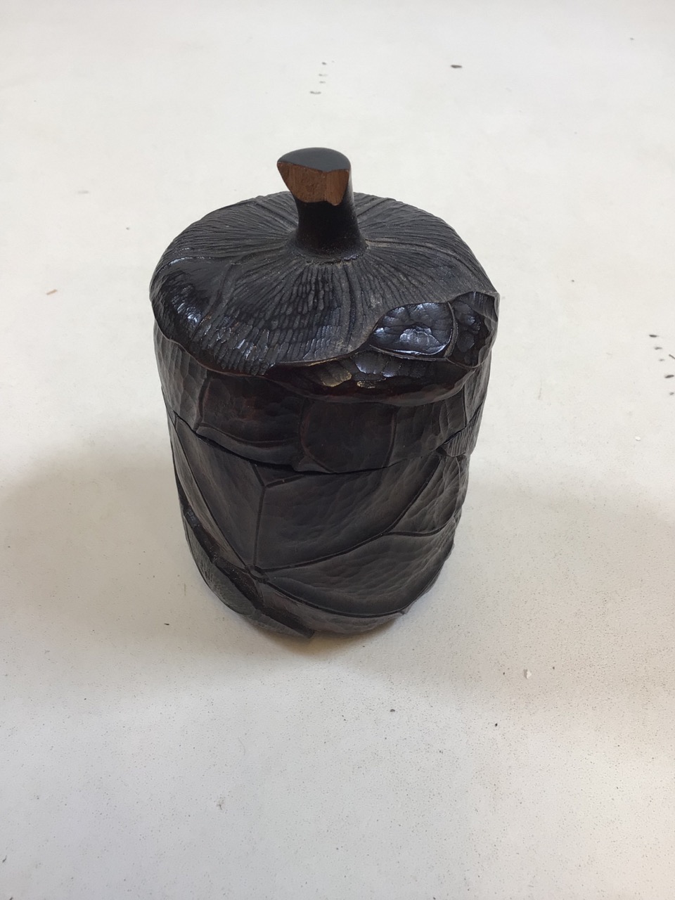 A Small antique lidded pot, oriental treen. Engraved character marks to base (damage to top - see - Image 2 of 8