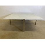 A vintage marble topped square coffee table with metal base, in the style of Paol Kjaerholm. W: