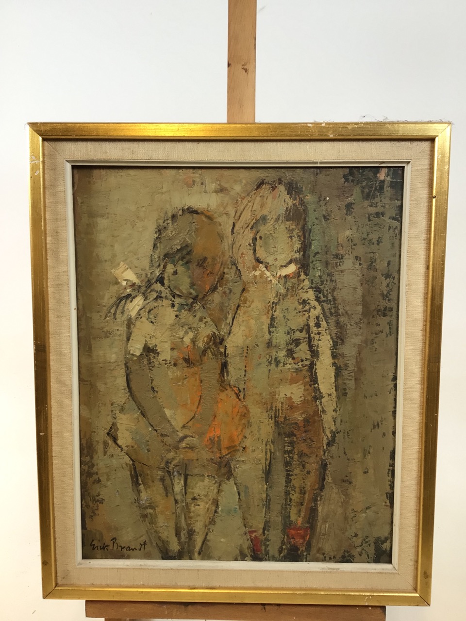 A mid century oil on board of children, semi abstract, textured paint. Signed bottom left Erik