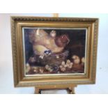 An Earl 20th century oil painting of chickens. Gilt frame. Signed lower right and dated 1923.