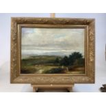 Victorian oil on canvas landscape, distant hills with figures and cattle in foreground. In good gilt