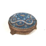 Blue needlepoint foot stool with beaded finish - some wear commensurate with age. Gilt frame with