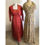 A mid century evening dress - a red and gold ( metal thread) button fronted dress with bolero jacket
