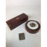 An inlaid Wooden box 33cm x 12cm a barometer (20cm) and a photograph dated 1858