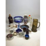 A mixed collection of ceramics including monk decanter, a Ridgways jug, a Goss jug God speed the