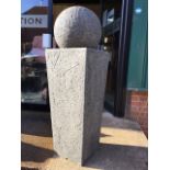A resin sphere on plinth two piece water feature. Small crack to base of sphere. W:40cm x D:40cm x