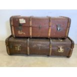 Two vintage steamer trunks with original travel labels. W:110cm x D:57cm x H:35cm