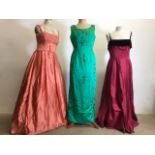 Three mid century evening dresses. Peach satin with beaded bodice by Susan small, green