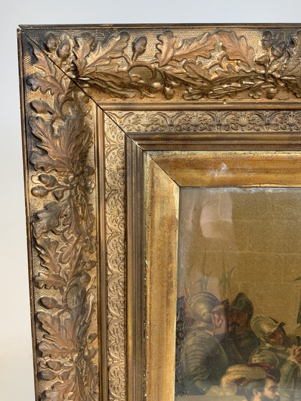 A large coloured oleograph in gilt gesso antique frame decorated with oak leaves and acorns. W:100cm - Image 4 of 7