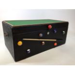 A novelty trunk decorated with pool balls and cue and other pool related items W:76cm x D:38cm x H: