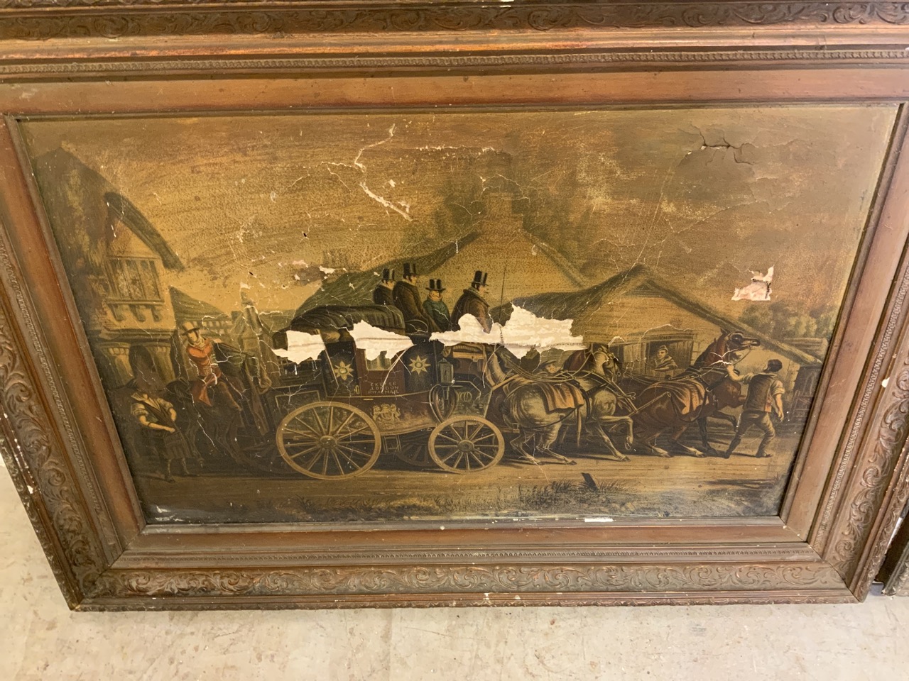 Two antique picture frames for restoration with coaching prints (a.f) W:83cm x H:62cm - Image 4 of 5