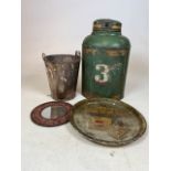 A large Victorian toleware tea canister also with a Champaign bucket, Wills gold flake tray and an